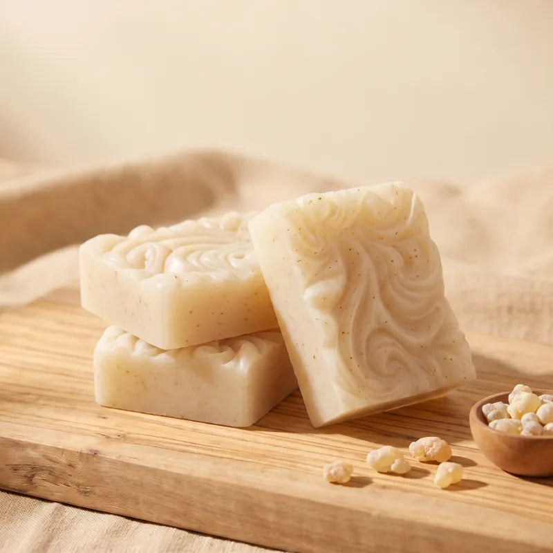 Hand-carved OLIVO frankincense soap squares showing the swirl pattern