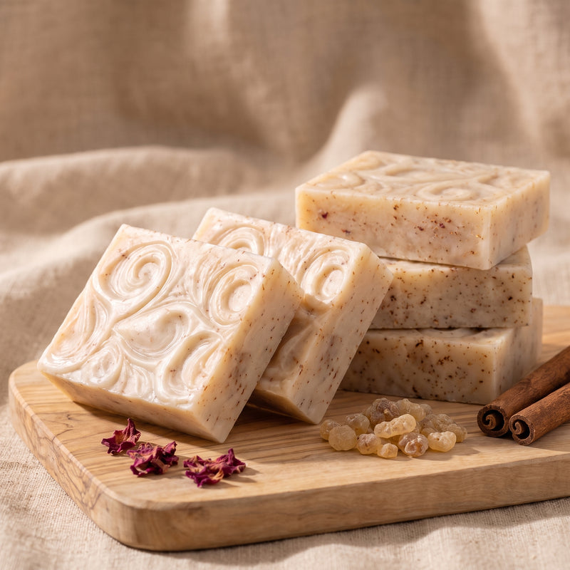 Cinnamon Rose & Frankincense handmade soap bars on a wooden board with dried rose petals, frankincense resin and cinnamon sticks