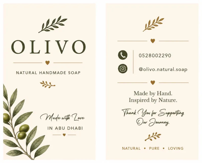 The OLIVO business card, cream and olive with gold hearts