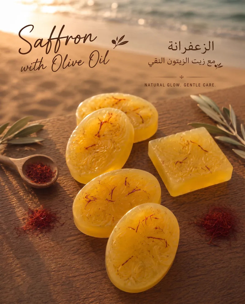 OLIVO saffron soap bars with real saffron threads, photographed in golden beach light